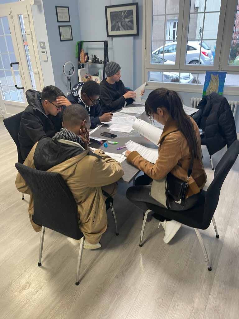 Students reviewing visa and travel documents